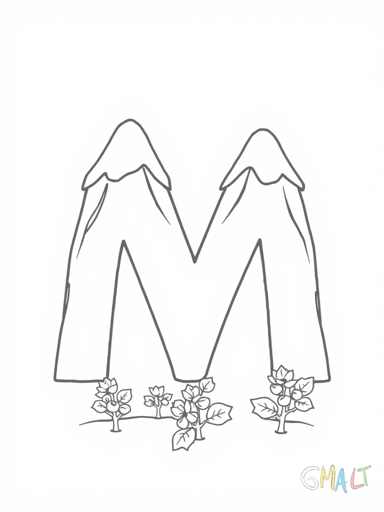 Der Buchstabe M wird von zwei symmetrischen Bergen dargestellt. Auf den Bergspitzen liegt etwas Schnee. Am Fuß der Berge stehen kleine Tannenbäume.