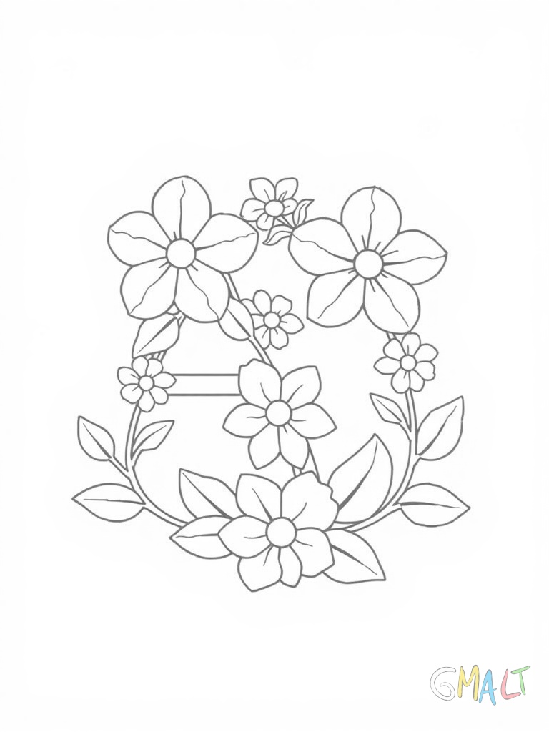 Ein großer Buchstabe A aus Blüten und Blättern zusammengesetzt. Die Blüten sind einfache Gänseblümchen mit runden Blütenblättern. Kleine Blätter ranken sich um die Buchstabenform.