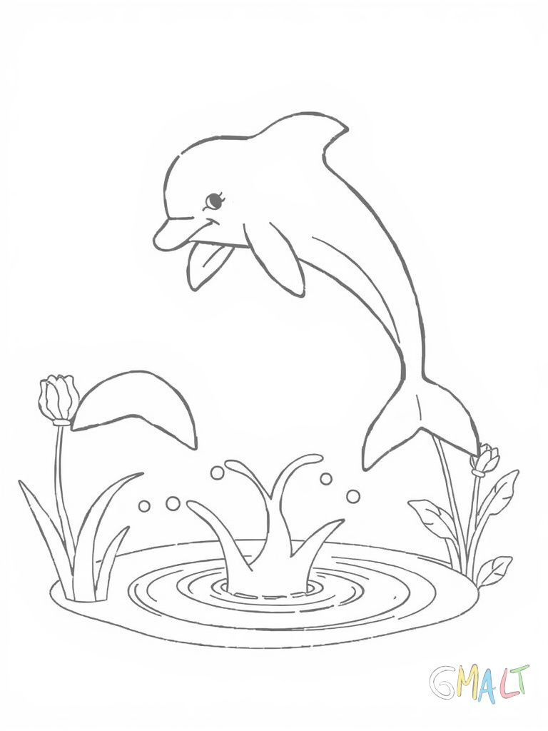 Ein Delfin springt in einem Bogen und bildet so die Form des Buchstaben D. Wassertropfen spritzen um ihn herum und sein Schnabel zeigt ein freundliches Lächeln.