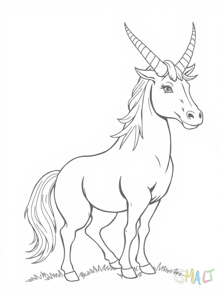 Ein Einhorn steht auf den Hinterbeinen und streckt seinen Kopf nach oben wodurch es die Form des Buchstaben U bildet. Seine Mähne weht sanft im Wind.