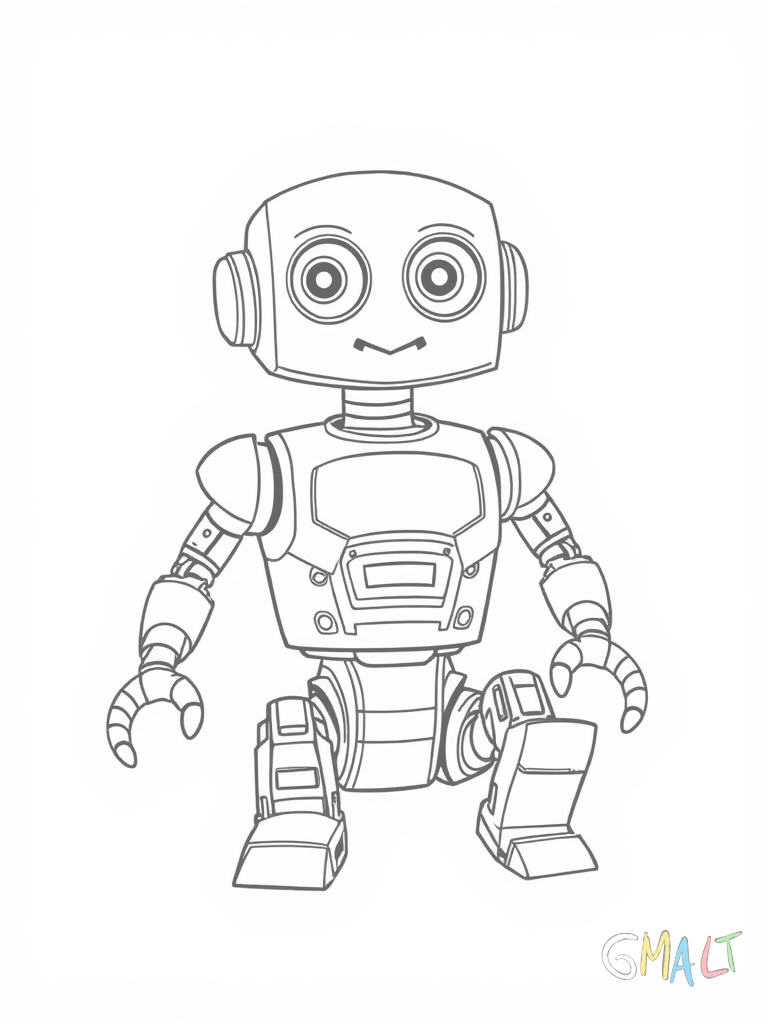 Der Buchstabe R wird von einem sitzenden Roboter dargestellt. Seine eckigen Arme und Beine bilden die charakteristischen Linien des R. Er hat große runde Augen.