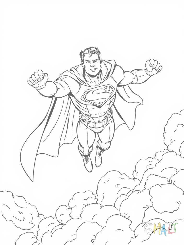 Ein Superheld fliegt mit ausgestreckten Armen durch die Luft. Sein Cape weht hinter ihm und er trägt ein markantes Kostüm mit Emblem auf der Brust.