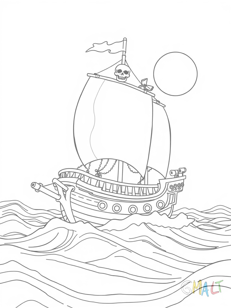 Ein Piratenschiff segelt auf den Wellen. Es hat große Segel einen Totenkopf an der Flagge und Kanonen an der Seite. Der Bug ist mit Schnitzereien verziert.