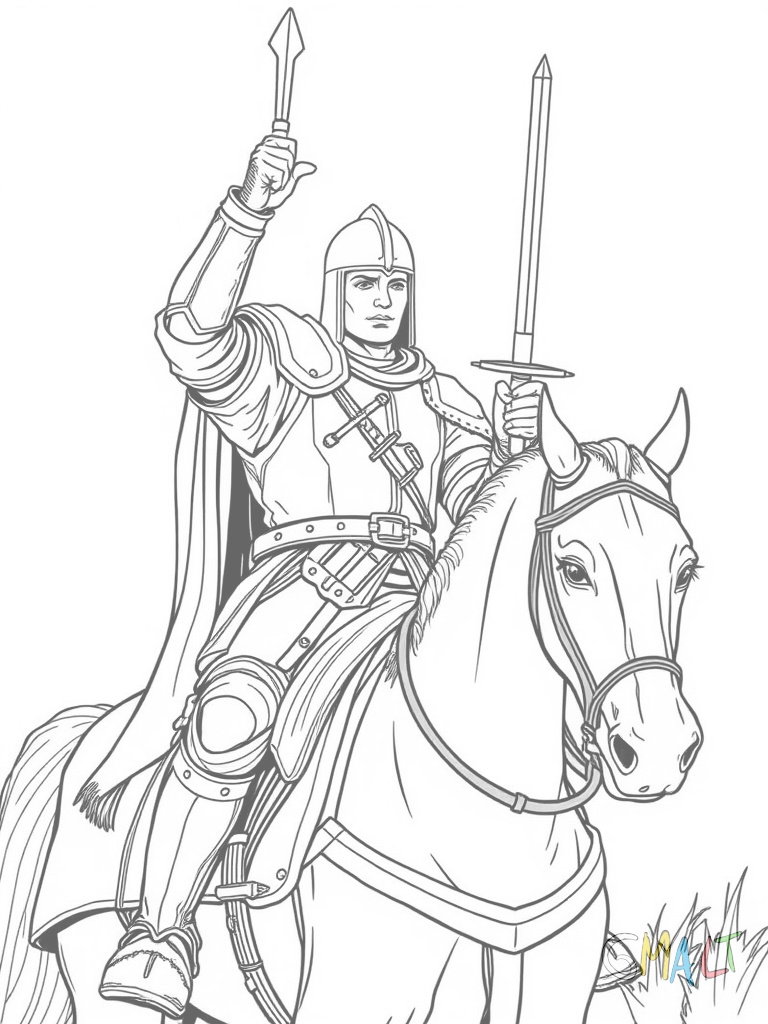 Ein Ritter in voller Rüstung sitzt auf seinem Pferd. Er hält sein Schwert hoch erhoben und sein Helm hat ein geschlossenes Visier.