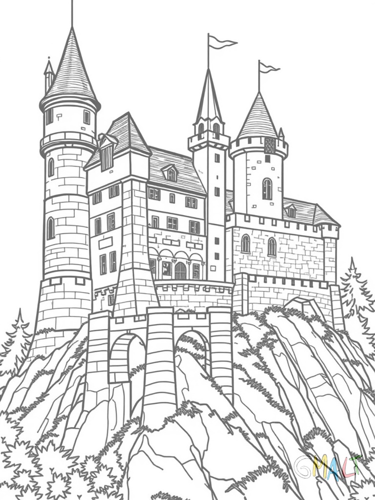 Eine gewaltige Burg thront auf einem Hügel. Sie hat hohe Türme mit Zinnen eine Zugbrücke und dicke Steinmauern. Kleine Fenster sind zu erkennen.