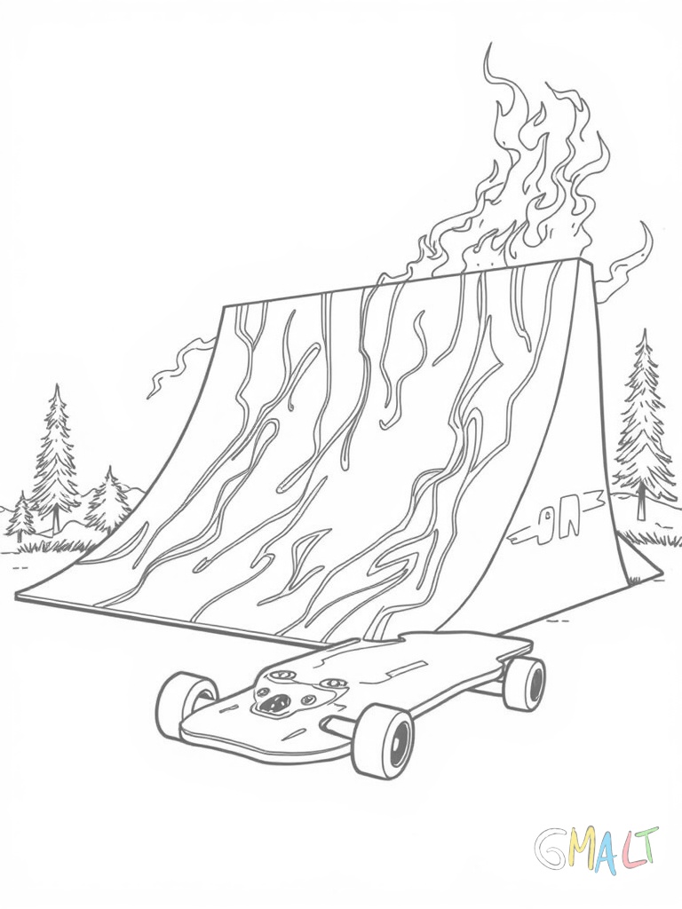 Ein großer Skateboard-Rampe mit geschwungener Form steht in der Bildmitte. Davor liegt ein Skateboard mit coolen Flammen-Stickern. Kleine Räder und Achsen sind deutlich zu erkennen.