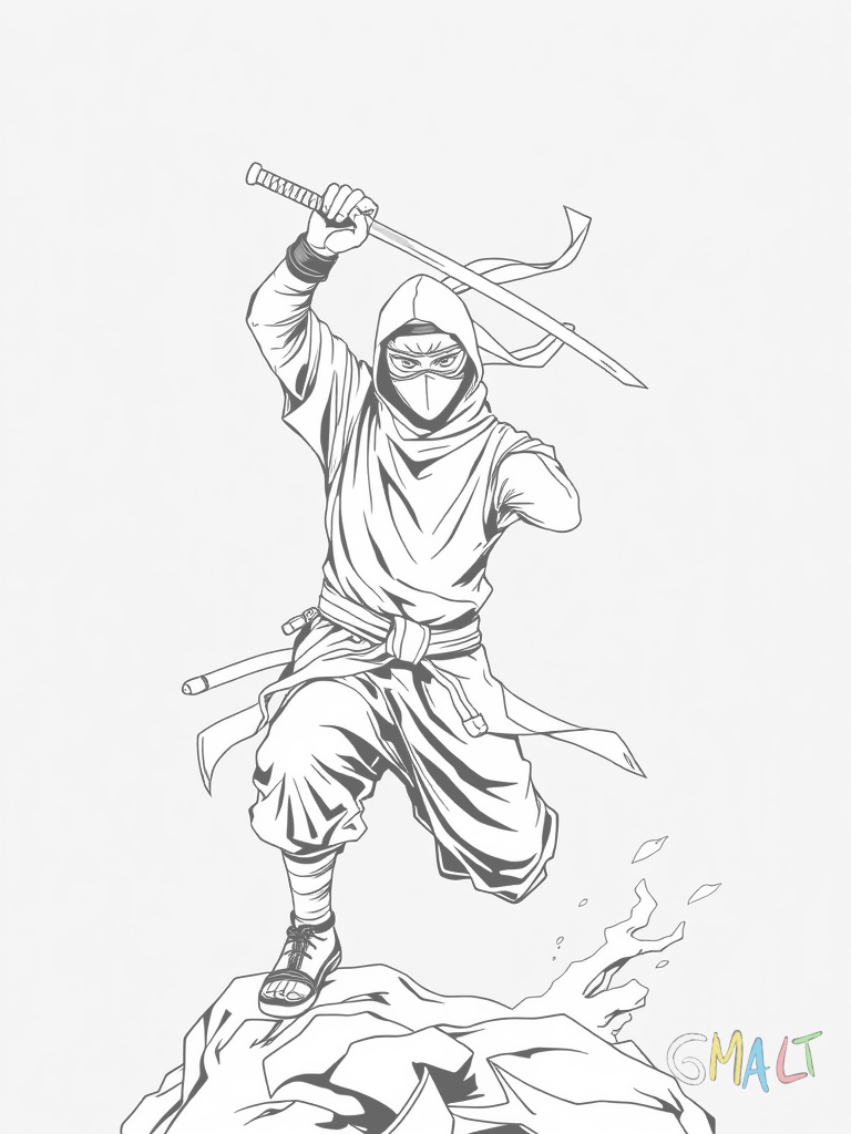 Ein Ninja in traditioneller Kleidung macht einen hohen Sprung. Sein Schwert ist über dem Kopf erhoben und sein Schal weht im Wind.