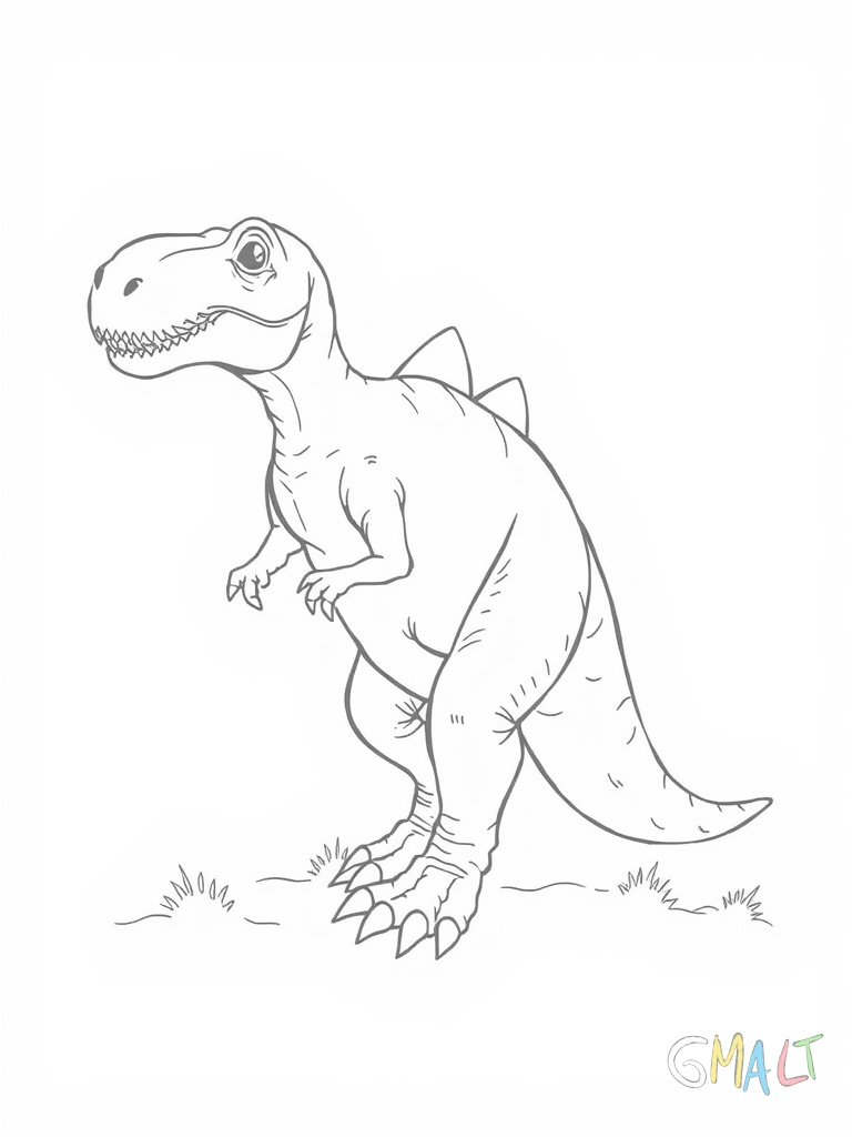 Ein gewaltiger Dinosaurier steht auf den Hinterbeinen. Sein langer Schwanz berührt den Boden und seine kurzen Arme sind ausgestreckt. Scharfe Zähne sind zu sehen.