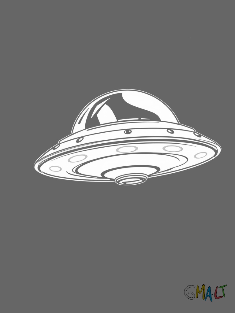 Ein UFO schwebt in der Luft. Es hat eine klassische Untertassenform mit einer Glaskuppel auf der Oberseite und leuchtende Lichter am Rand.