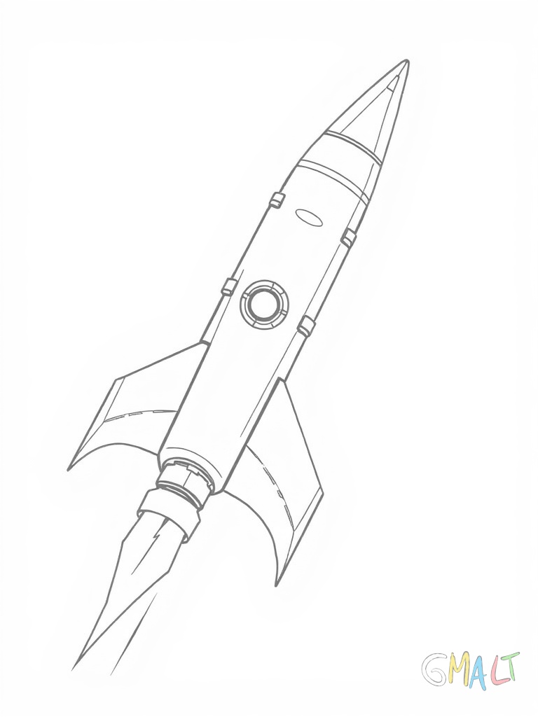 Eine futuristische Rakete zeigt schräg nach oben. Sie hat große Düsen markante Flügel und ein spitzes Ende. Kleine Bullaugen sind an der Seite zu sehen.