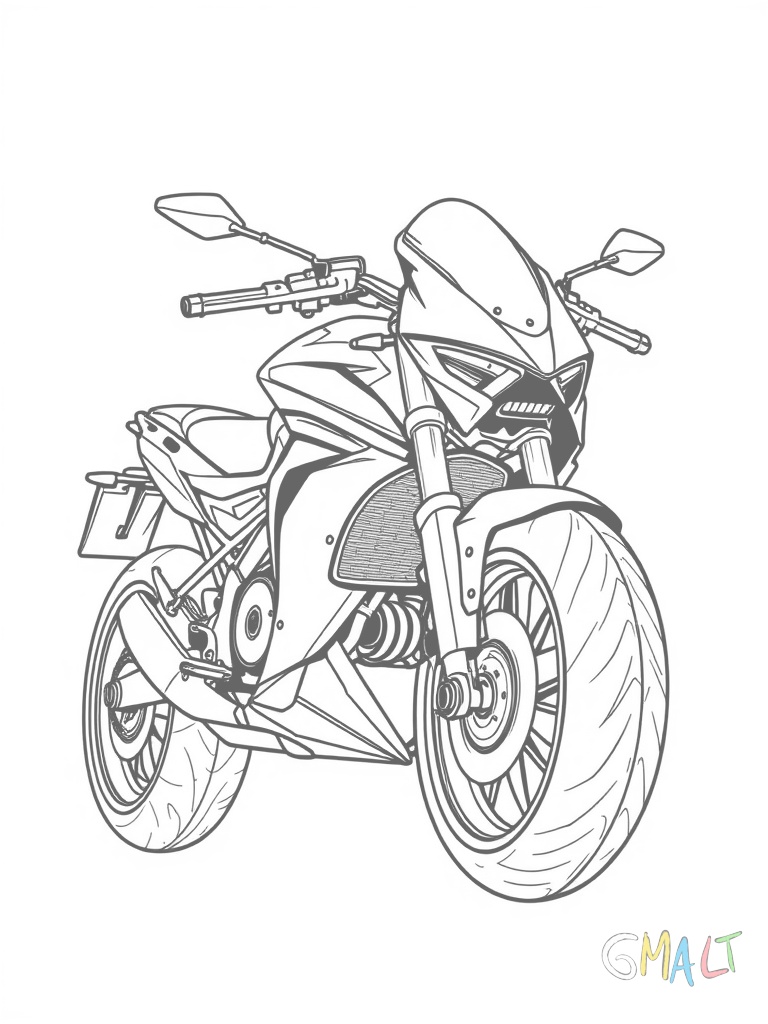 Ein futuristisches Motorrad mit breiten Reifen steht von der Seite zu sehen. Es hat eine stromlinienförmige Verkleidung und einen niedrigen Lenker.