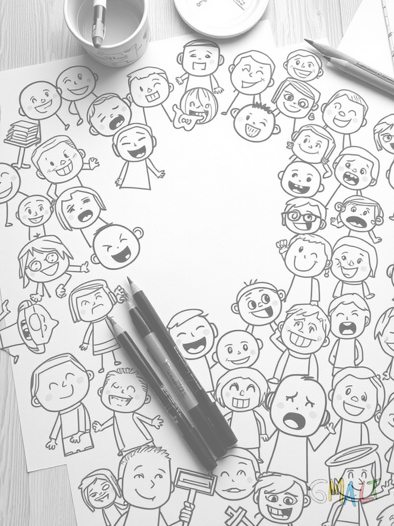 Eine Tischdecke aus Papier auf der viele kleine Comic-Figuren gekritzelt sind. Die Figuren haben verschiedene lustige Ausdrücke und sind mit einfachen Strichen gezeichnet.