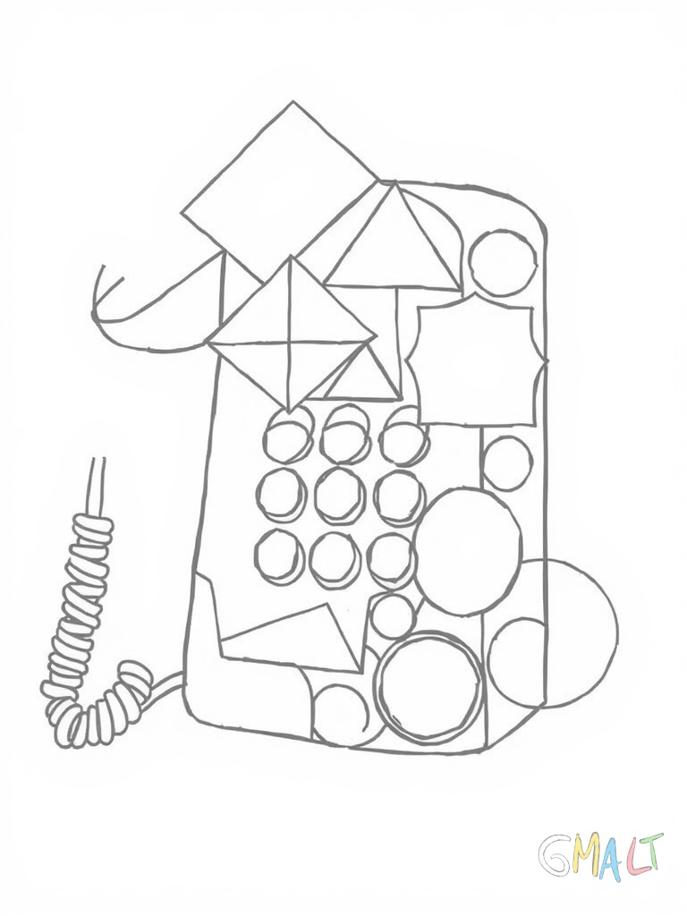 Ein Telefonblock mit vielen ineinander verschlungenen geometrischen Formen. Zu sehen sind Dreiecke Quadrate und Kreise die sich überlappen und durch geschwungene Linien verbunden sind.