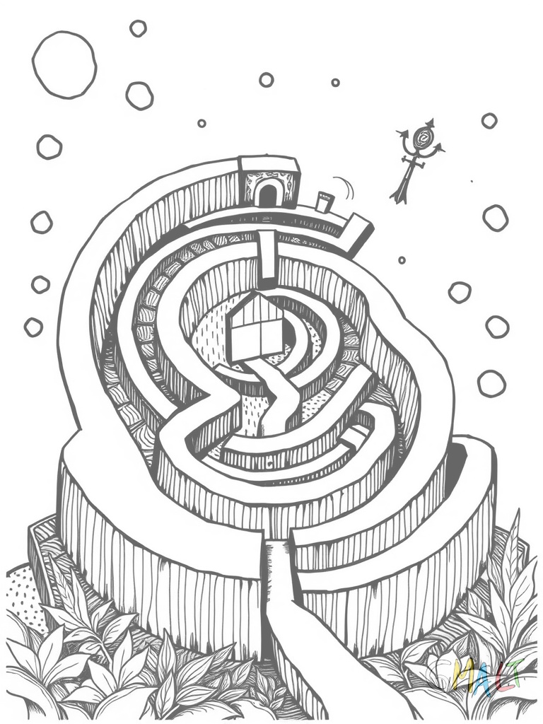 Eine Schreibtischunterlage auf der ein fantasievolles Labyrinth gezeichnet ist. Das Labyrinth hat verschiedene Wege kleine Türen und ist mit Pfeilen markiert.