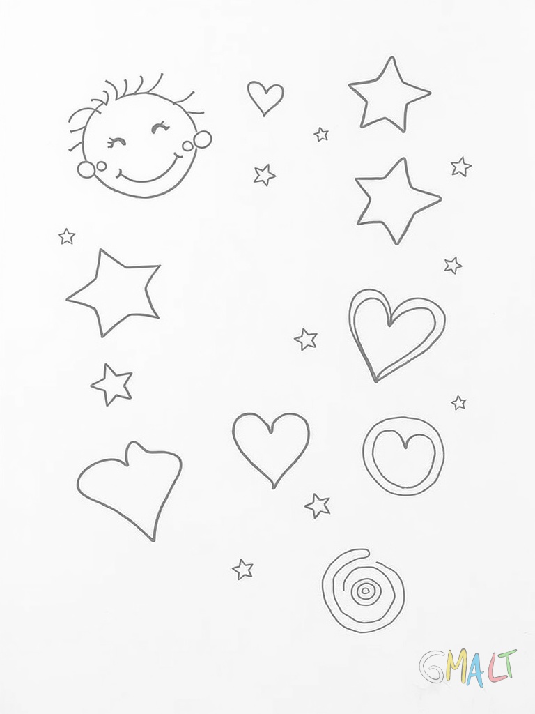 Ein großes kariertes Schulheft auf dem verschiedene kleine Zeichnungen verstreut sind: ein lächelndes Gesicht ein Stern ein Herz und ein paar Spiralen. Die Zeichnungen sind mit Kugelschreiber gemacht.