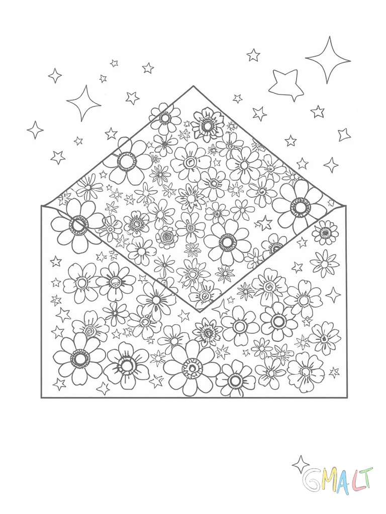 Ein Briefumschlag auf dem viele kleine verspielte Muster gezeichnet sind. Zu erkennen sind Blumen Wolken und Sterne die den ganzen Umschlag bedecken.