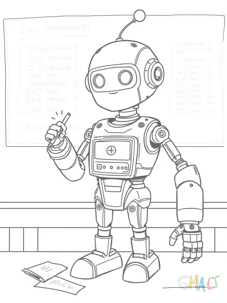 Ein Roboter steht vor einer Schultafel und schreibt mit Kreide Malaufgaben. Der Roboter hat ein Display als Gesicht das ein Gleichheitszeichen anzeigt. Seine Arme sind ausfahrbar um die ganze Tafel zu erreichen.