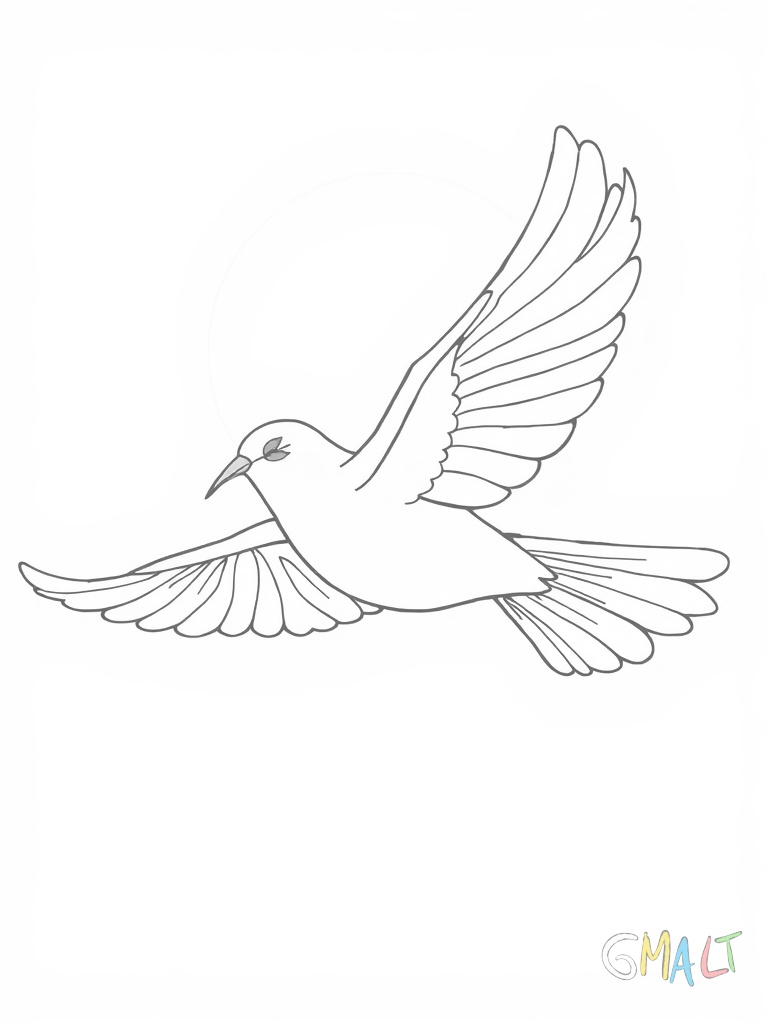 Eine weiße Friedenstaube fliegt von links nach rechts durch das Bild. Sie trägt einen grünen Olivenzweig im Schnabel. Ihre Flügel sind weit ausgebreitet und zeigen nach oben. Im Hintergrund scheint eine große strahlende Sonne.