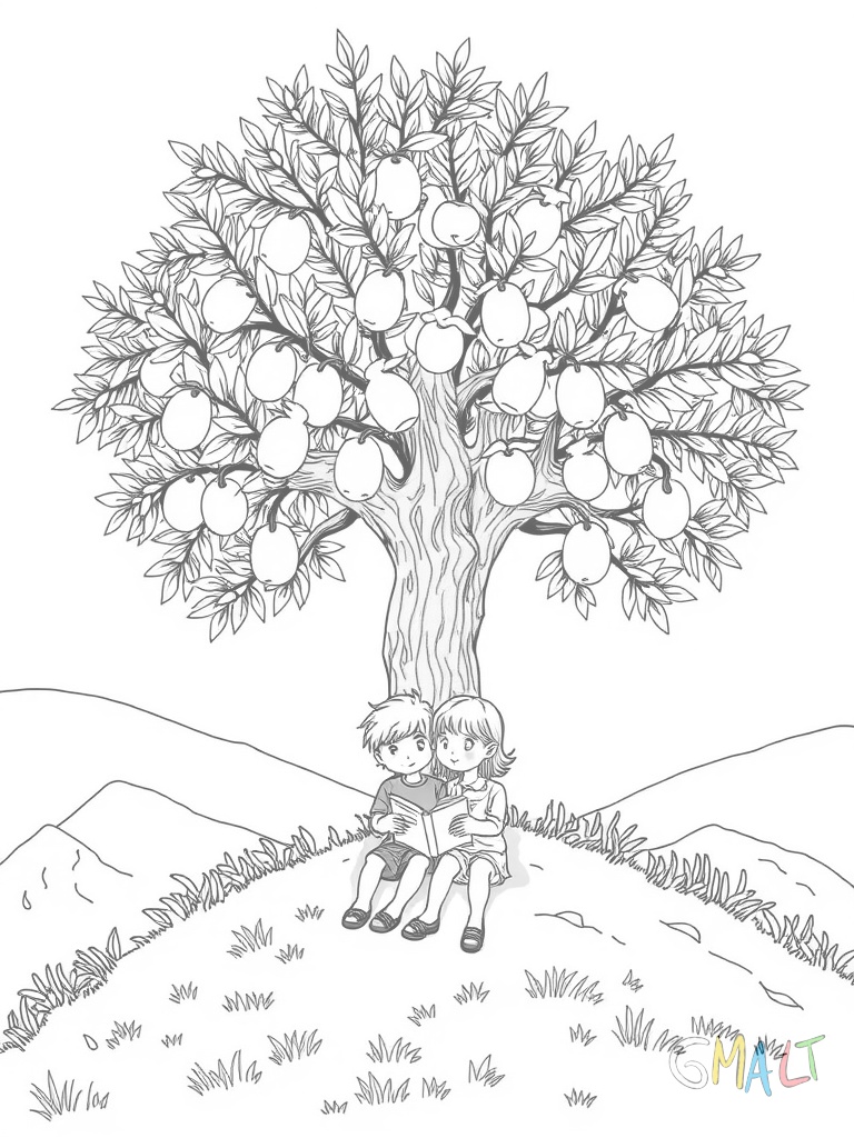 Ein blühender Olivenbaum steht auf einem Hügel. In seinen Zweigen sitzen mehrere weiße Tauben. Unter dem Baum sitzen zwei Kinder die gemeinsam ein Buch lesen.
