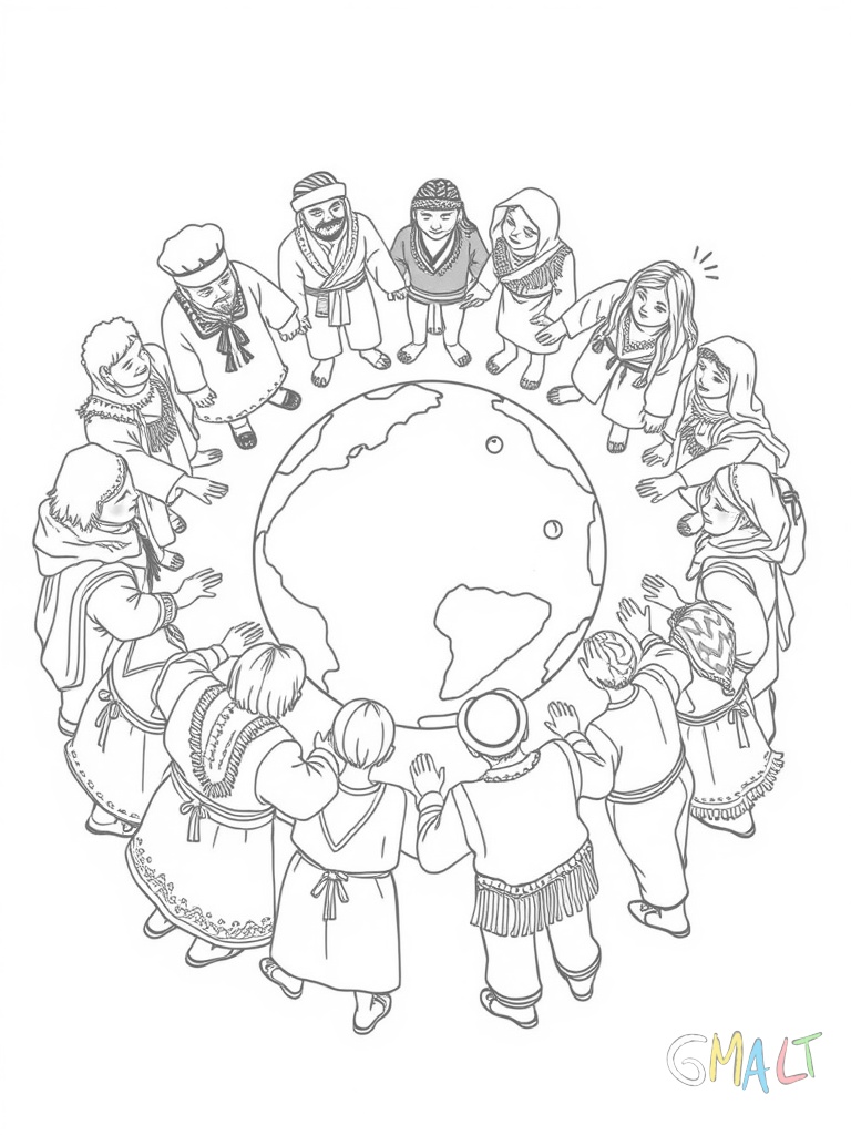 Ein Erdball nimmt die zentrale Position ein. Rundherum stehen Menschen aller Kontinente Hand in Hand im Kreis. Sie tragen ihre traditionellen Gewänder und lächeln einander zu.