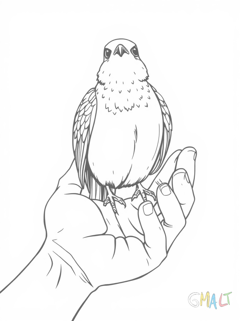 Eine Friedenstaube landet sanft auf einer Hand mit nach oben geöffneter Handfläche. Ihre Flügel sind zum Bremsen leicht gespreizt. Der Kopf ist aufmerksam nach vorne gerichtet.