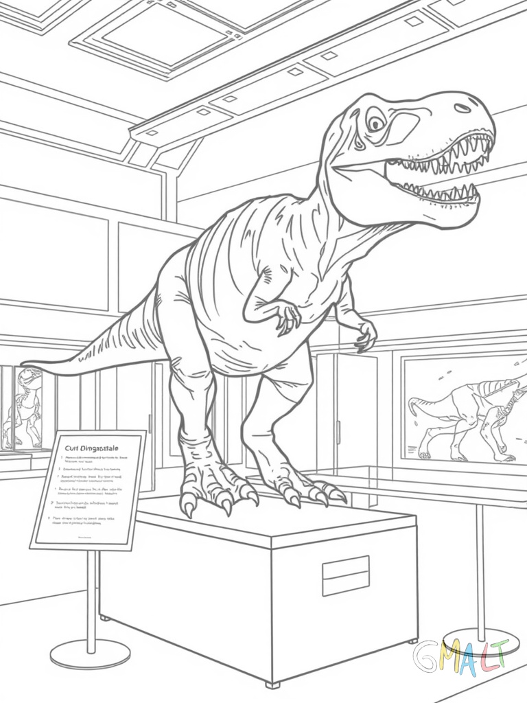 Ein Dinosaurierskelett steht in einem Museumssaal auf einem Podest. Es zeigt einen Tyrannosaurus Rex mit großem Schädel und kleinen Vorderarmen. Daneben steht eine Informationstafel auf einem Ständer.