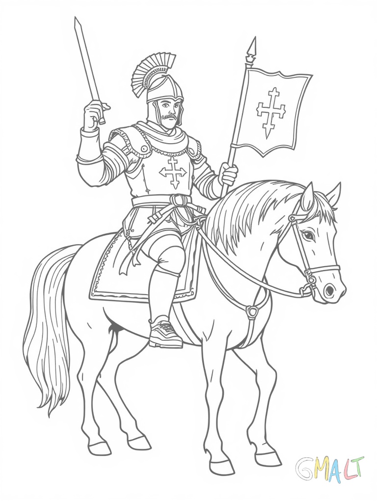 Ein mittelalterlicher Ritter in voller Rüstung sitzt auf seinem Pferd. Er trägt einen Helm mit Federbusch und hält ein Schwert nach oben. Sein Schild zeigt ein einfaches Wappenmuster.