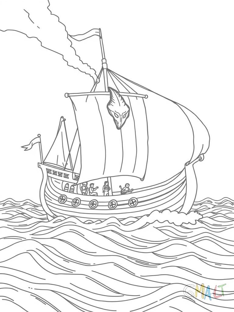 Ein Wikingerschiff mit hochgezogenem Bug und Heck segelt auf den Wellen. Am Bug ist ein geschnitzter Drachenkopf zu sehen. Mehrere Ruderer sitzen an den Seiten des Schiffs und ein großes rechteckiges Segel ist gehisst.