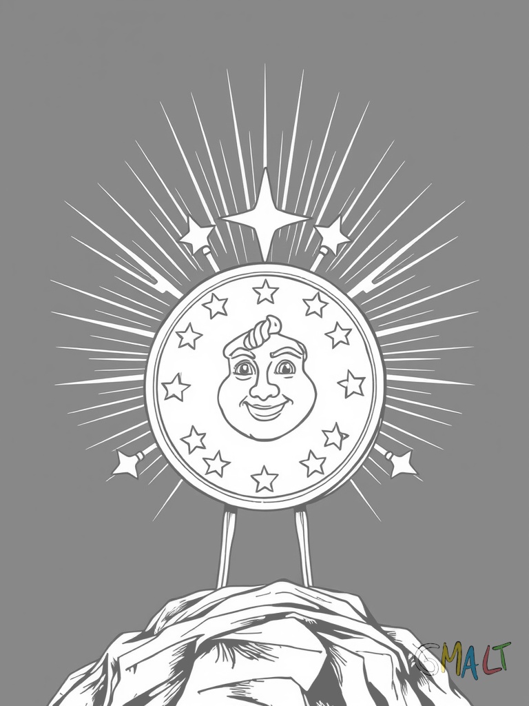Eine große Glücksmünze steht aufrecht und strahlt helle Lichtstrahlen aus. Die Münze zeigt ein lächelndes Gesicht auf der Vorderseite. Kleine Sterne umgeben die Münze in einem Kreis.