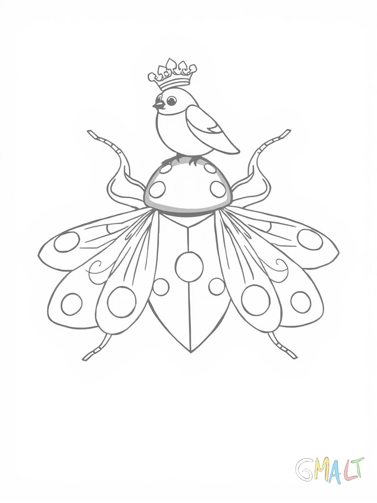 Eine große Fliegenpilz mit rotem Hut und weißen Punkten steht in der Bildmitte. Auf seinem Hut sitzt ein Glückskäfer mit sieben Punkten. Der Käfer trägt eine kleine Krone auf dem Kopf.