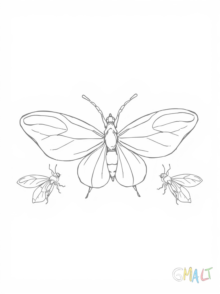 Ein vierblättriges Kleeblatt steht aufrecht in der Mitte. Aus dem Stängel wachsen zwei weitere kleinere Kleeblätter. Um das Hauptkleeblatt herum fliegen drei kleine Marienkäfer mit deutlich sichtbaren Punkten.