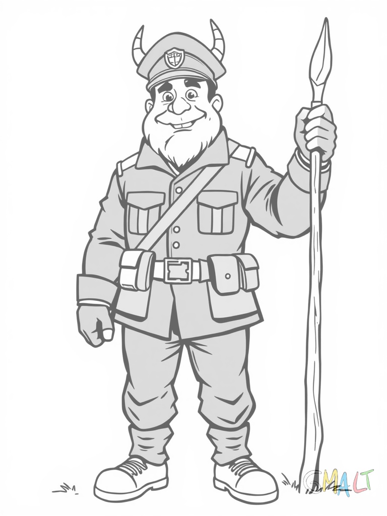 Ein Schornsteinfeger mit schwarzer Uniform und Zylinderhut steht lächelnd da. In seiner rechten Hand hält er eine lange Bürste nach oben. Seine linke Hand ruht auf einer Leiter die schräg neben ihm steht.
