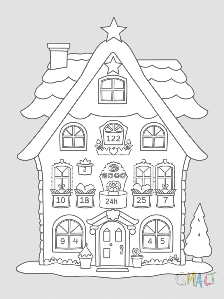 Ein Adventskalender mit 24 nummerierten Türchen in Form eines Hauses. Die Türchen sind unterschiedlich groß und verteilen sich über die gesamte Hausfassade. Ein Stern sitzt auf dem Dach.