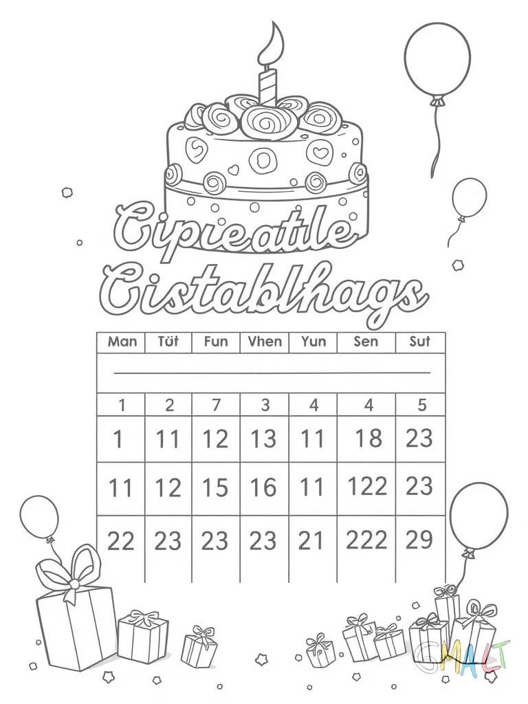 Ein Geburtstagskalender mit einer dekorativen Torte als Überschrift. Unter jedem Monat sind Linien zum Eintragen von Geburtstagen. Am Rand sind kleine Geschenkpakete und Luftballons zu sehen.