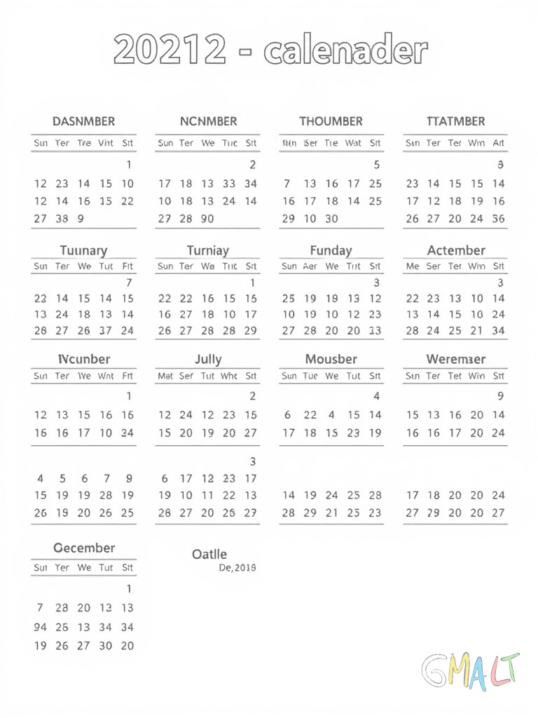 Ein Jahreskalender zeigt alle 12 Monate in einer Übersicht. Jeder Monat ist in einem eigenen Rechteck dargestellt. Die Wochentage stehen als Überschriften und die Zahlen sind in einem übersichtlichen Raster angeordnet.