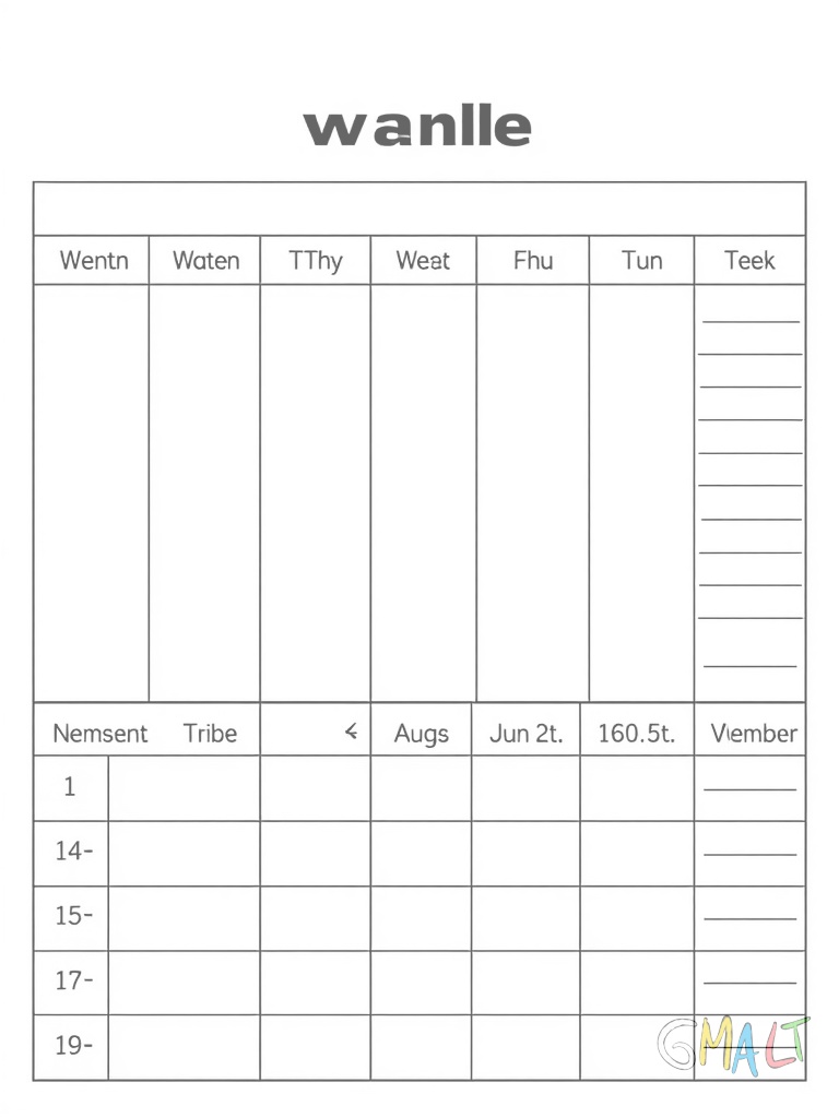 Ein Schulkalender zeigt eine Woche auf einer Doppelseite. Links sind die Unterrichtsstunden eingetragen von 1-6. Rechts befinden sich die Wochentage mit Linien für Hausaufgaben.
