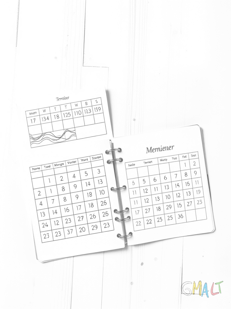 Ein Terminkalender liegt aufgeschlagen da. Auf der linken Seite ist ein Monatskalender zu sehen auf der rechten Seite Zeilen für Termine. Oben steht der aktuelle Monat in großer Schrift.
