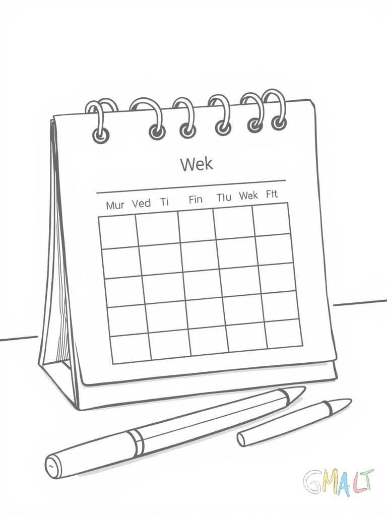 Ein Tischkalender steht aufgeklappt auf einem Schreibtisch. Die aktuelle Woche ist sichtbar mit Linien für Notizen. Daneben liegt ein Stift. Der Kalender hat eine einfache spiralförmige Bindung am oberen Rand.