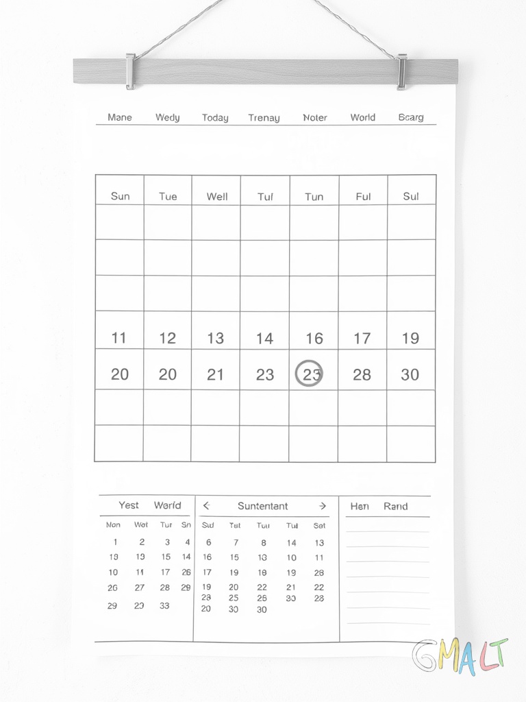 Ein großer Wandkalender mit aufgeschlagenen Seiten hängt an der Wand. Die Kalendertage sind in einem Raster angeordnet und ein roter Kreis markiert das heutige Datum. Am unteren Rand befindet sich eine Monatsübersicht.