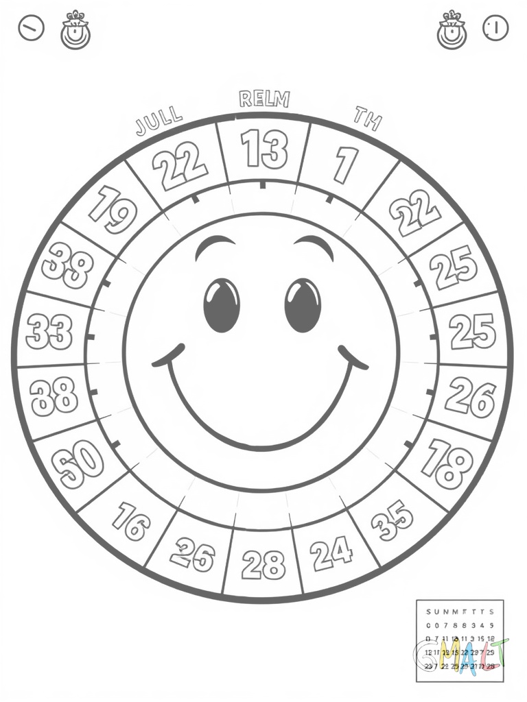 Ein Kinderkalender mit einem großen Smiley in der Mitte. Drumherum sind die Wochentage im Kreis angeordnet. Ein beweglicher Pfeil zeigt auf den aktuellen Tag.