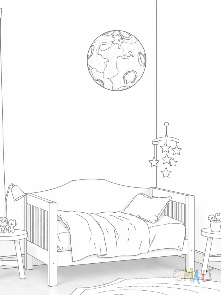 Ein gemütliches Kinderbett mit hohem Kopfteil steht an der Wand. Darüber hängt ein großer Mond aus Holz. Neben dem Bett schwebt ein Mobile mit kleinen Sternen.