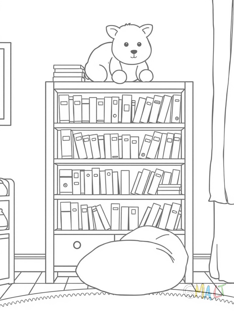 Ein niedriges Bücherregal mit drei Ebenen zeigt bunte Kinderbücher. Obenauf sitzt ein Stoffhase. Ein kleiner Sitzsack liegt davor auf dem Boden.