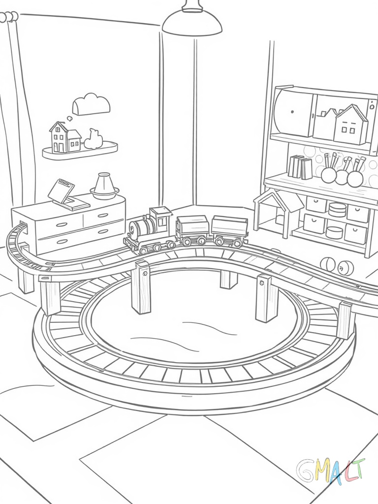 Eine Spielecke mit einem runden Spielteppich zeigt aufgebaute Holzeisenbahn-Schienen. Ein Spielzeugzug fährt über die Brücke.