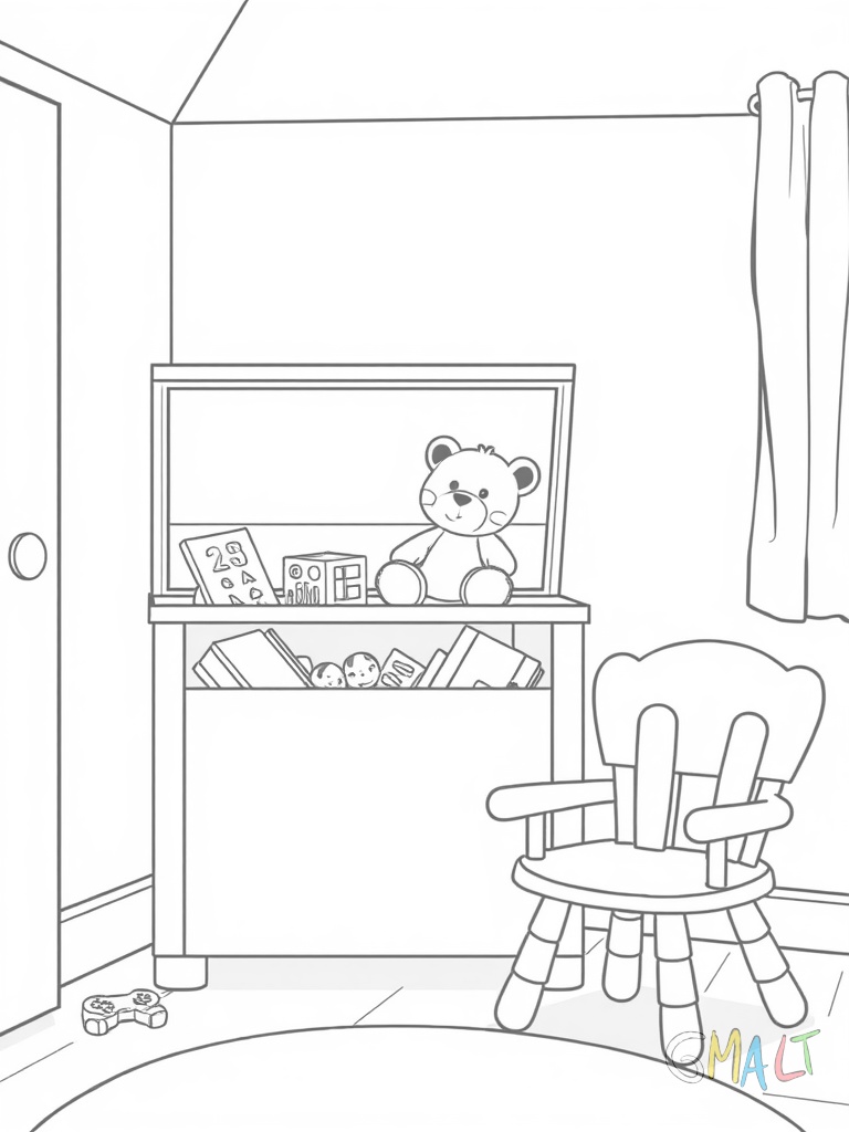 Eine große Spielzeugkiste mit geöffnetem Deckel steht in der Ecke. Verschiedene Spielsachen wie ein Teddy und Bauklötze schauen oben heraus. Ein Kinderstuhl steht daneben.