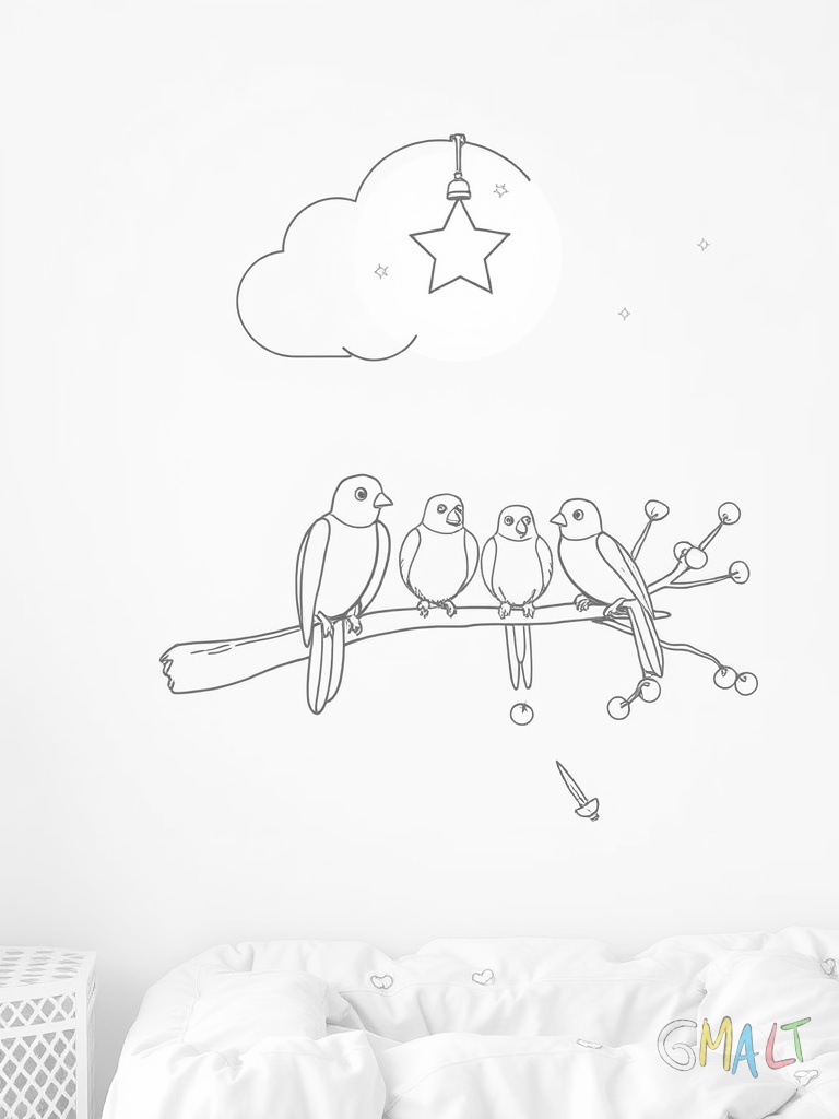 Ein Wandregal in Wolkenform schwebt an der Wand. Darauf stehen drei Kuscheltiere und ein Nachtlicht in Sternenform.