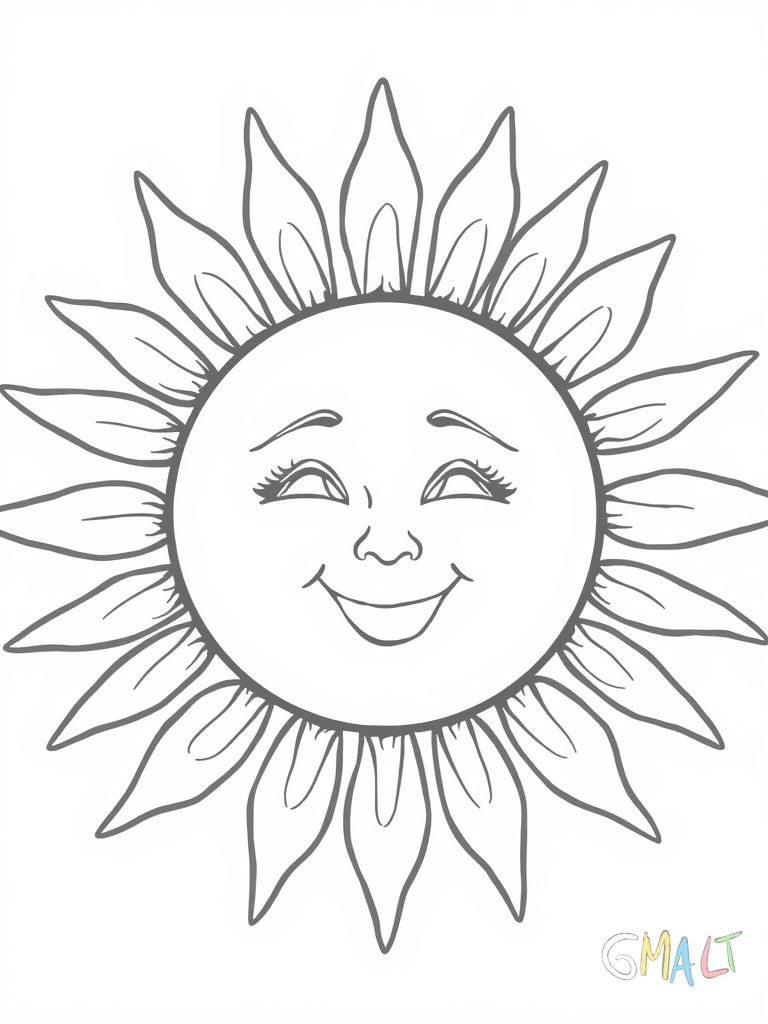 Ein großer Kreis in der Mitte des Bildes bildet das Gesicht einer lächelnden Sonne. Acht kleinere Kreise rundherum stellen die Sonnenstrahlen dar. Die Sonne hat zwei kleine Kreise als Augen und einen Halbkreis als fröhlichen Mund.