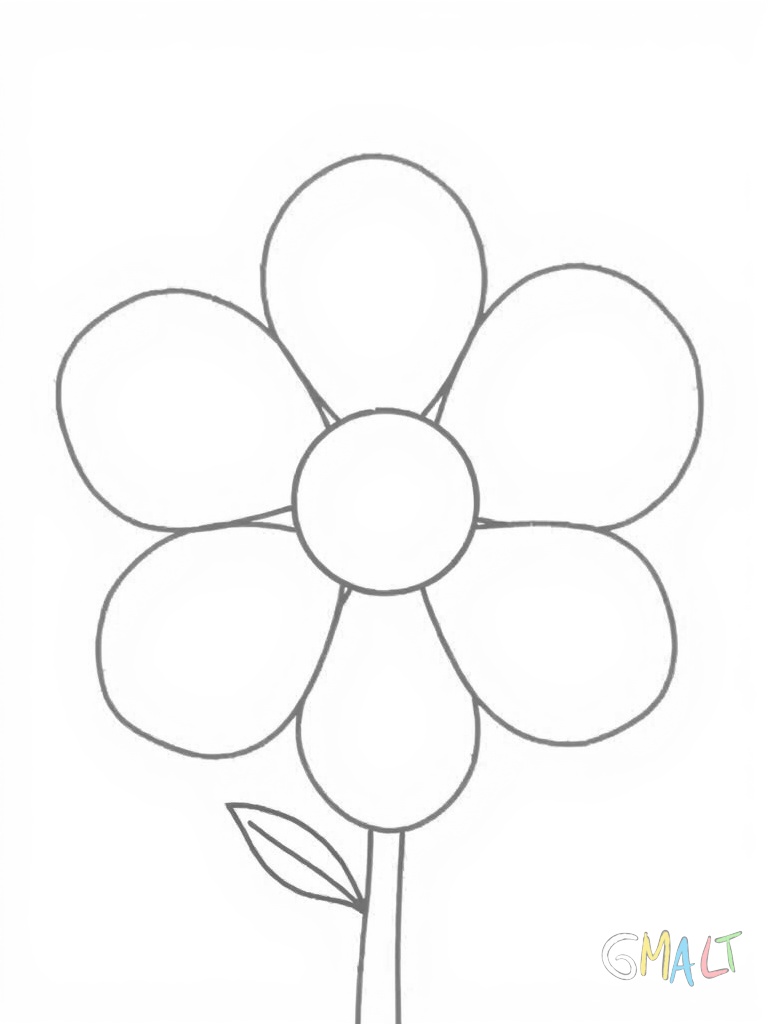 Fünf gleich große Kreise sind wie Blütenblätter um einen kleineren Mittelkreis herum angeordnet. Sie bilden eine einfache Blume. Ein langer gerader Strich stellt den Stängel dar.