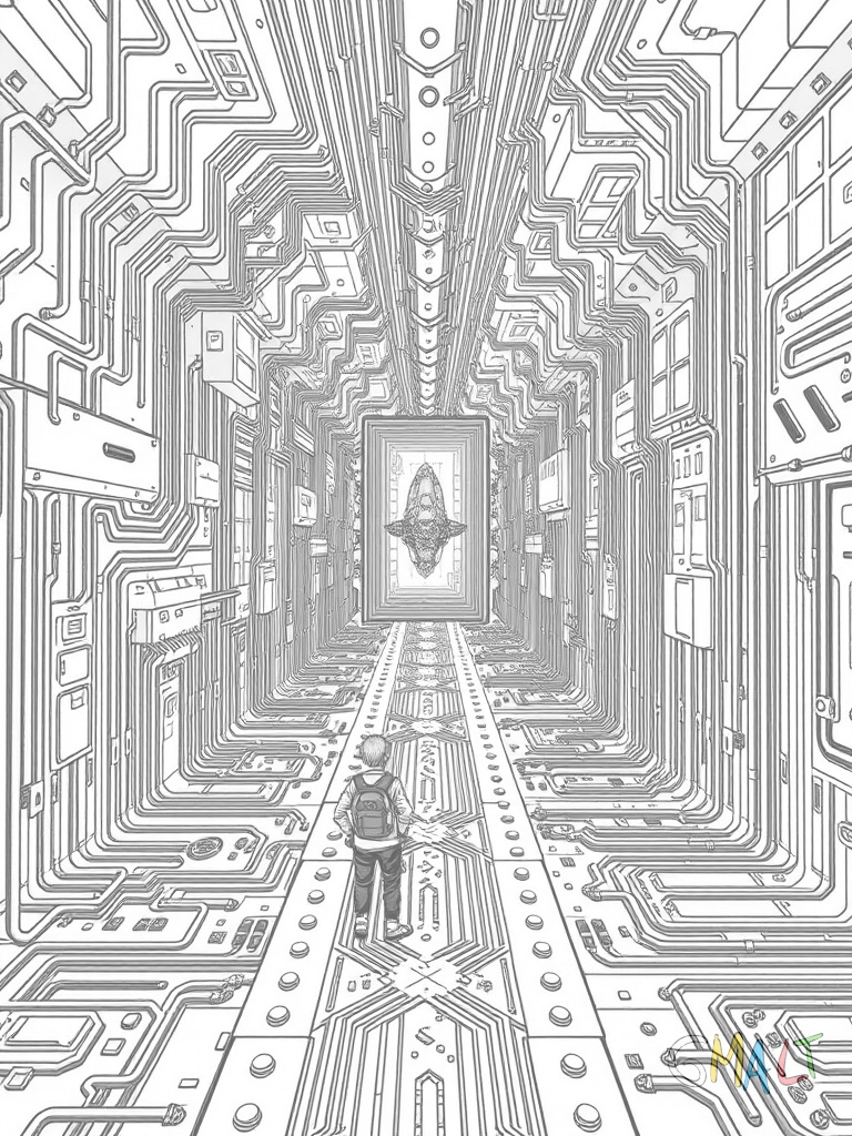 Ein Außerirdischer mit Antennen steht vor einem Labyrinth aus Computerchips. Der Weg führt über Platinen und zwischen blinkenden Robotern bis zum Raumschiff.