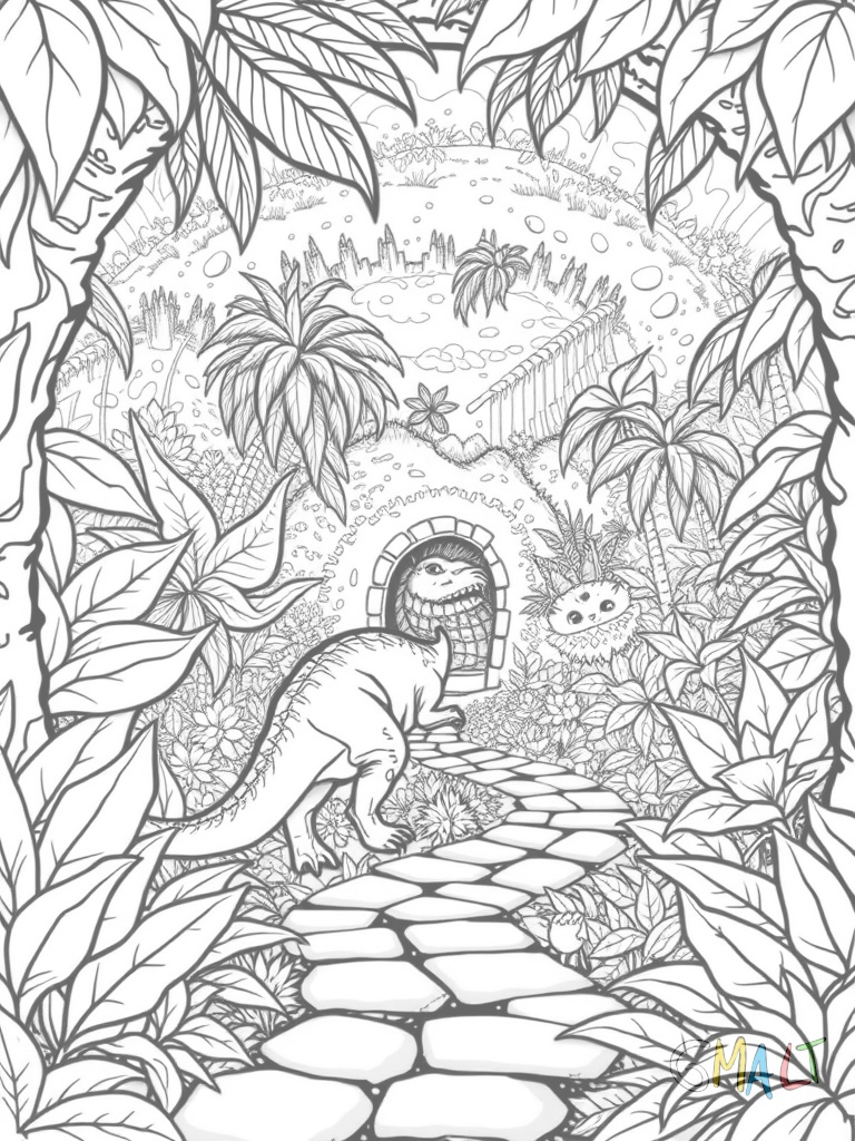 Ein Dinosaurier am Eingang eines Dschungel-Labyrinths aus hohen Pflanzen. Der Pfad führt vorbei an Palmen und großen Blumen bis zu einer Höhle am Ende.