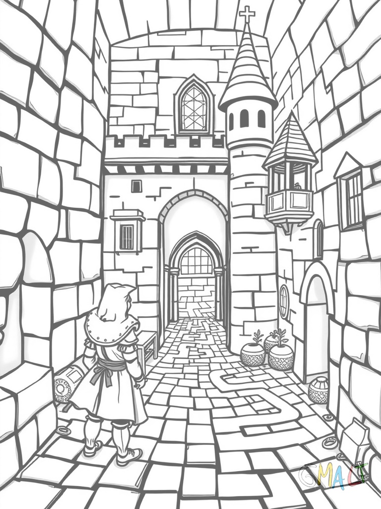 Ein kleiner Ritter steht vor einem Burgmauer-Labyrinth. Der Weg schlängelt sich durch Türme und Zinnen bis zur Prinzessin die am Ziel auf einem Balkon warkt.